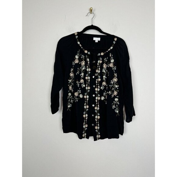 J. Jill Embroidered Button Front Shirt Peasant Top 3/4 Sleeve Black Multi Size S - Picture 1 of 6